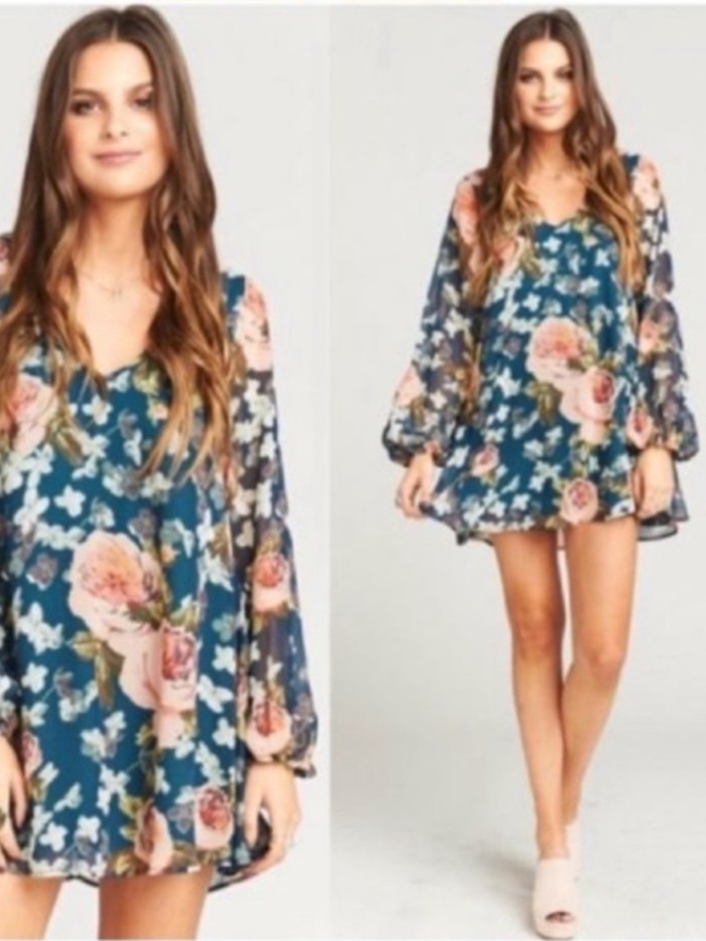 Show Me Your MuMu Teal Floral Long Sleeve Sheer Mini Dress Fairy Flirty Boho XL